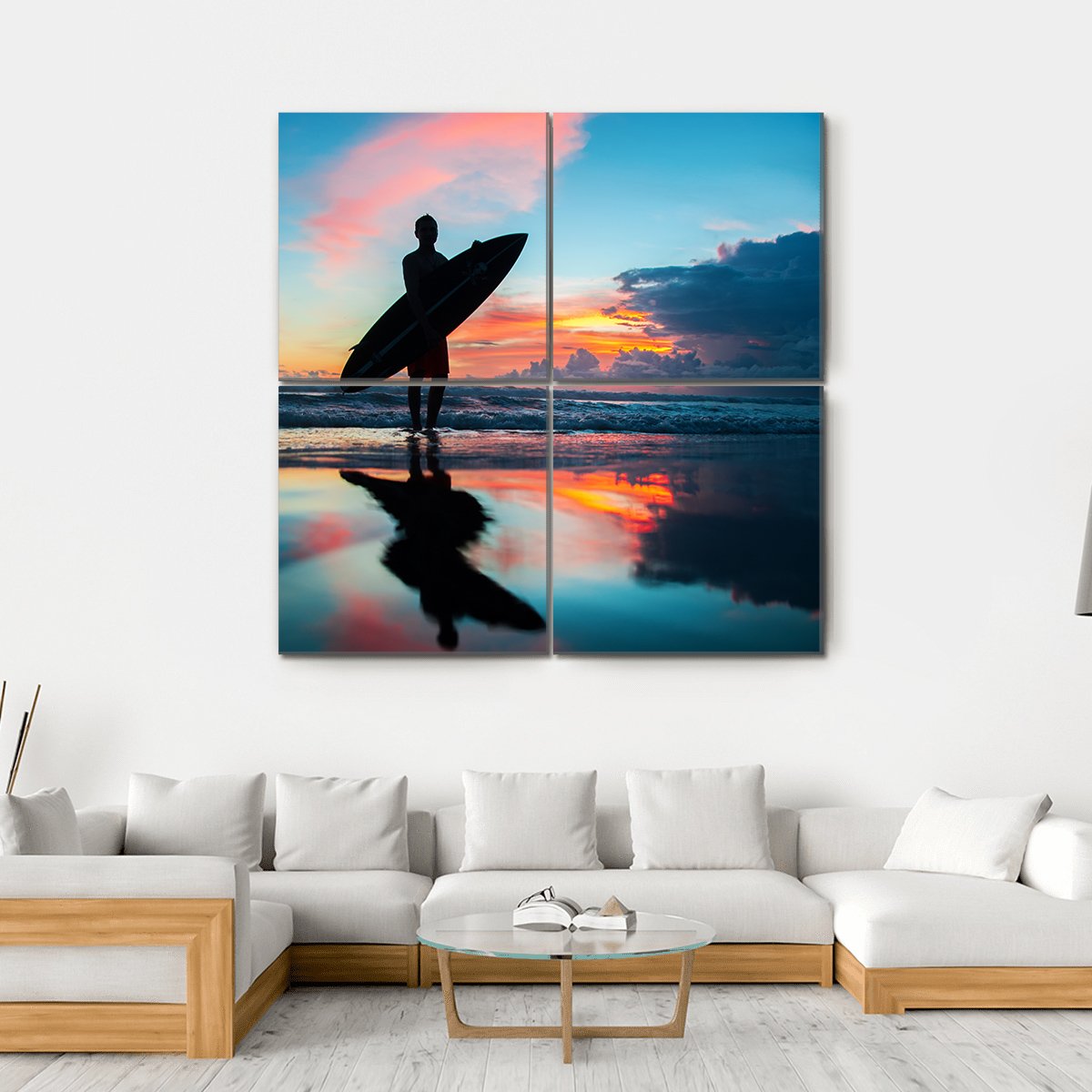 Young Surfer With Board On The Beach Canvas Wall Art-4 Square-Gallery Wrap-17" x 17"-Tiaracle