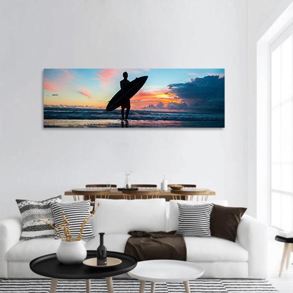 Young Surfer With Board Panoramic Canvas Wall Art-1 Piece-36" x 12"-Tiaracle