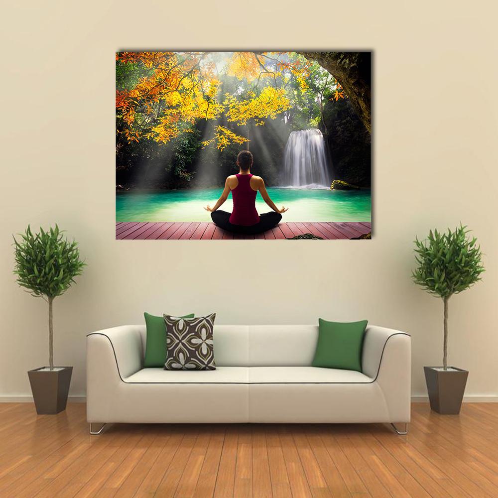 Young Woman In Yoga Pose Sitting Near Waterfall Canvas Wall Art-1 Piece-Gallery Wrap-36" x 24"-Tiaracle