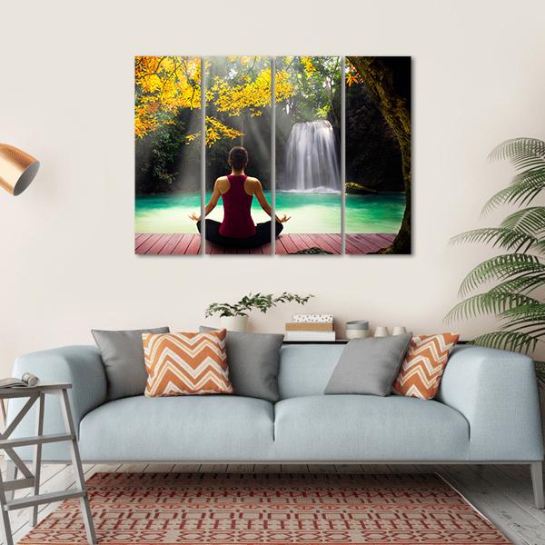 Young Woman In Yoga Pose Sitting Near Waterfall Canvas Wall Art-4 Horizontal-Gallery Wrap-34" x 24"-Tiaracle
