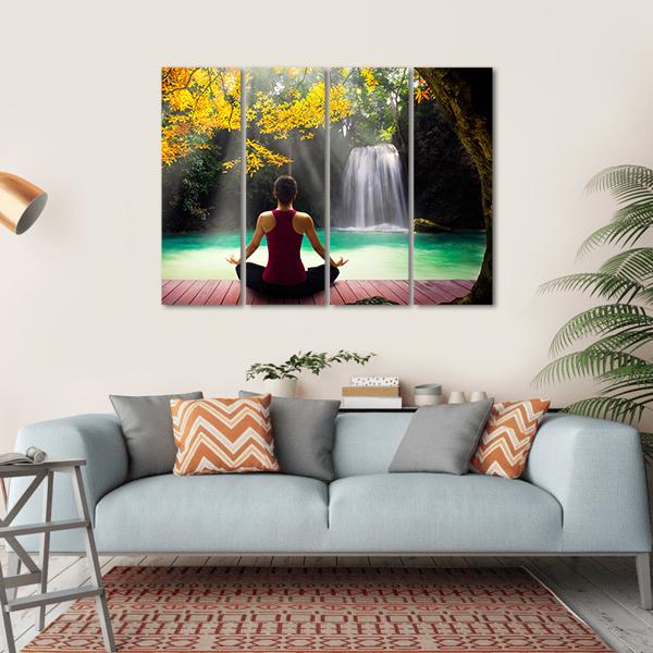 Young Woman In Yoga Pose Sitting Near Waterfall Canvas Wall Art-1 Piece-Gallery Wrap-36" x 24"-Tiaracle