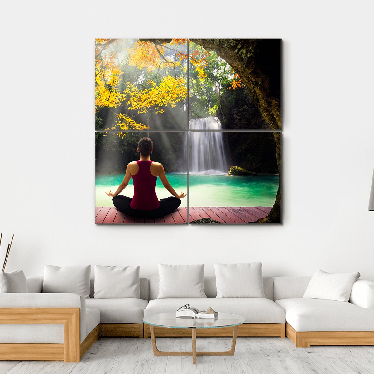 Young Woman In Yoga Pose Sitting Near Waterfall Canvas Wall Art-4 Square-Gallery Wrap-17" x 17"-Tiaracle