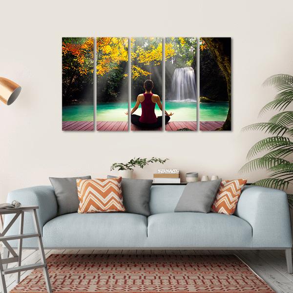 Young Woman In Yoga Pose Sitting Near Waterfall Canvas Wall Art-5 Horizontal-Gallery Wrap-22" x 12"-Tiaracle