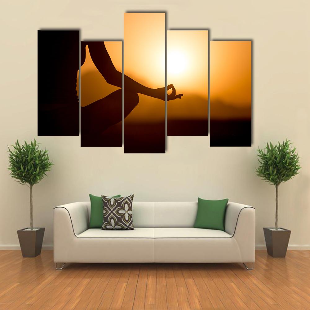 Young Women Meditation At Sunset Canvas Wall Art-5 Pop-Gallery Wrap-32" x 21"-Tiaracle