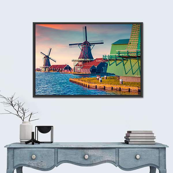 Zaandam Mills On The Water Channel Canvas Wall Art-1 Piece-Floating Frame-24" x 16"-Tiaracle