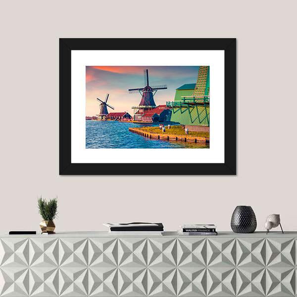 Zaandam Mills On The Water Channel Canvas Wall Art-1 Piece-Framed Print-20" x 16"-Tiaracle