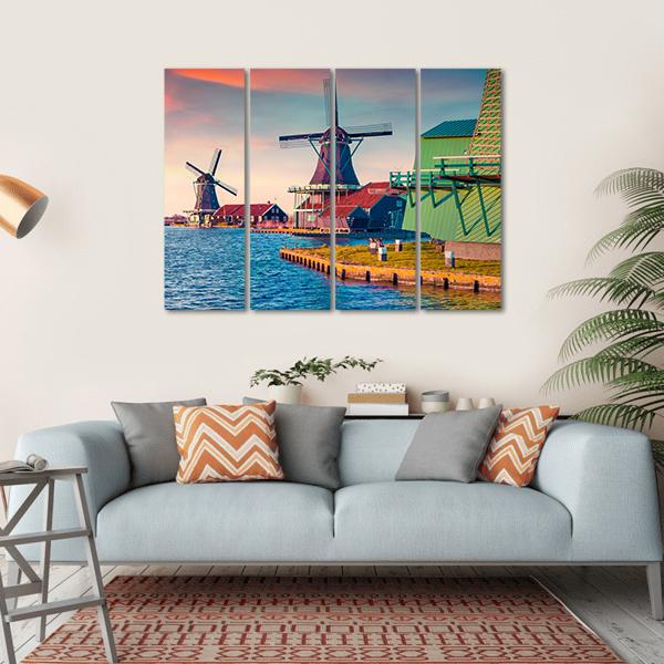 Zaandam Mills On The Water Channel Canvas Wall Art-4 Horizontal-Gallery Wrap-34" x 24"-Tiaracle