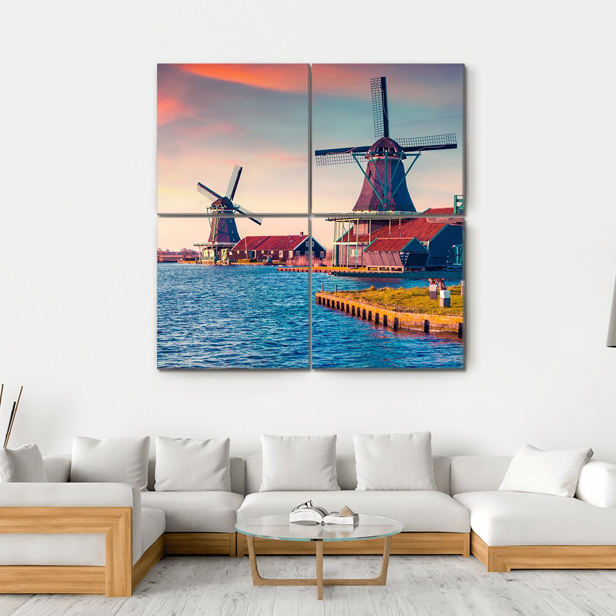 Zaandam Mills On The Water Channel Canvas Wall Art-4 Square-Gallery Wrap-17&quot; x 17&quot;-Tiaracle