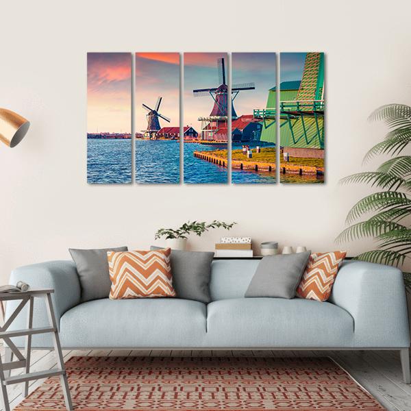 Zaandam Mills On The Water Channel Canvas Wall Art-5 Horizontal-Gallery Wrap-22&quot; x 12&quot;-Tiaracle