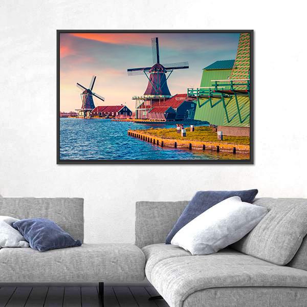 Zaandam Mills On The Water Channel Canvas Wall Art-3 Horizontal-Gallery Wrap-25" x 16"-Tiaracle