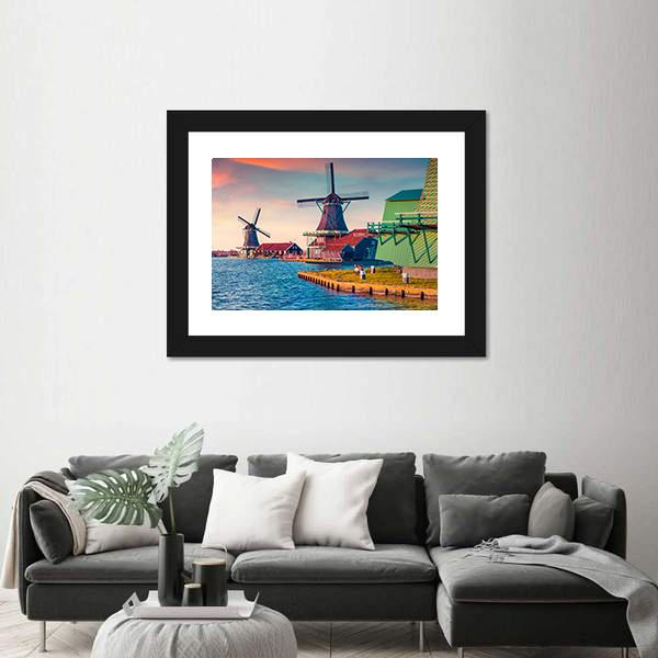 Zaandam Mills On The Water Channel Canvas Wall Art-5 Horizontal-Gallery Wrap-22&quot; x 12&quot;-Tiaracle