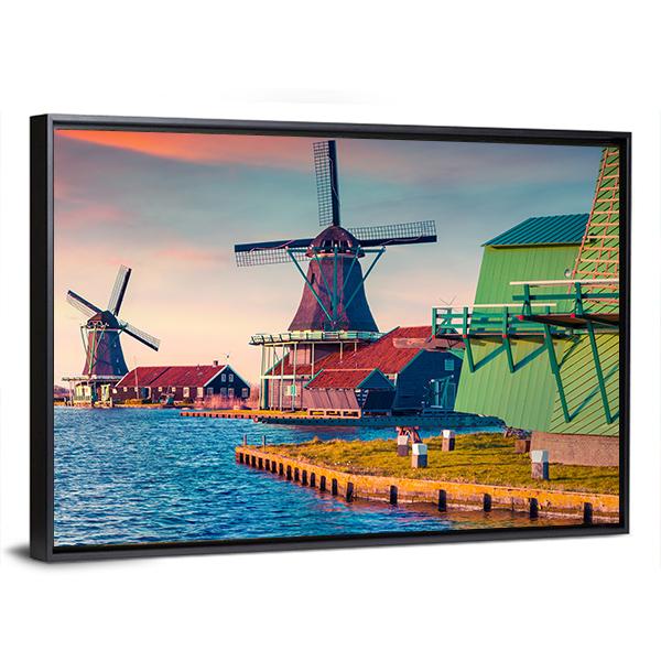 Zaandam Mills On The Water Channel Canvas Wall Art-5 Horizontal-Gallery Wrap-22" x 12"-Tiaracle