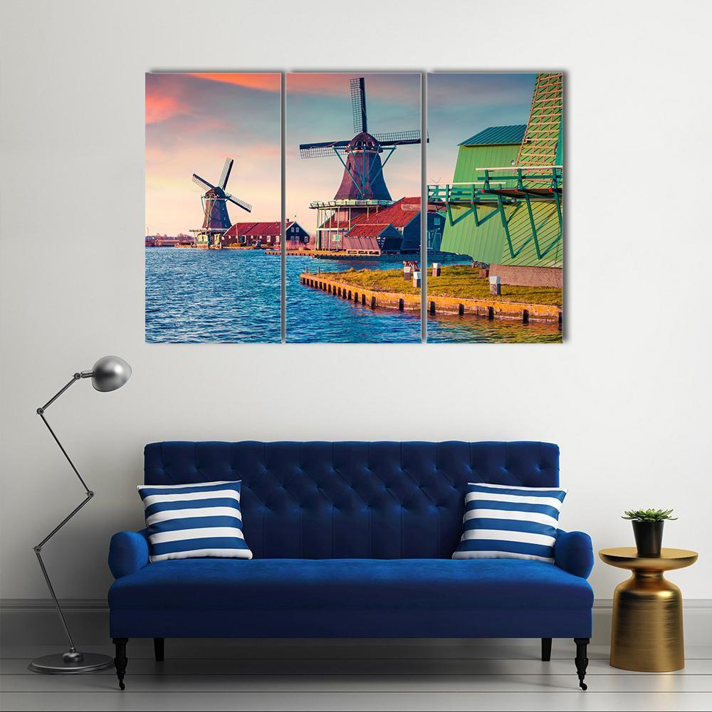 Zaandam Mills On The Water Channel Canvas Wall Art-3 Horizontal-Gallery Wrap-37" x 24"-Tiaracle