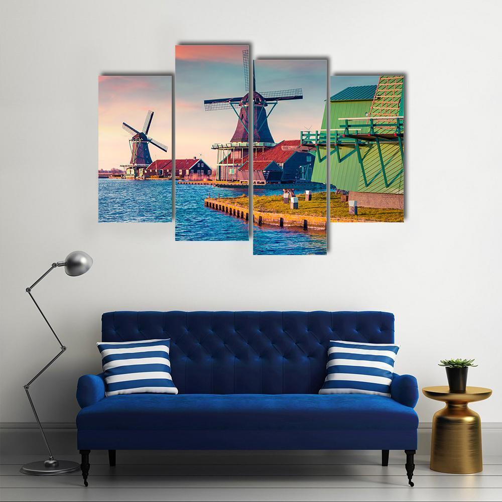 Zaandam Mills On The Water Channel Canvas Wall Art-4 Pop-Gallery Wrap-50" x 32"-Tiaracle