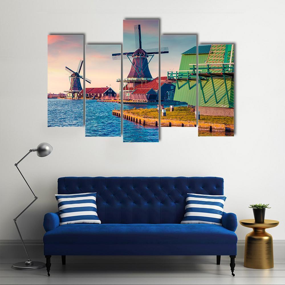 Zaandam Mills On The Water Channel Canvas Wall Art-5 Pop-Gallery Wrap-47" x 32"-Tiaracle