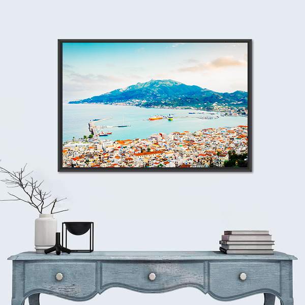 Zaante Town And Ionian Sea Harbour Canvas Wall Art-1 Piece-Floating Frame-24" x 16"-Tiaracle