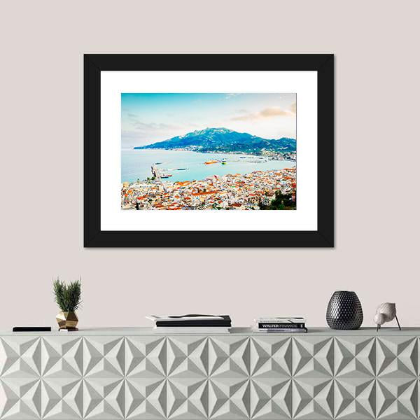 Zaante Town And Ionian Sea Harbour Canvas Wall Art-1 Piece-Framed Print-20" x 16"-Tiaracle
