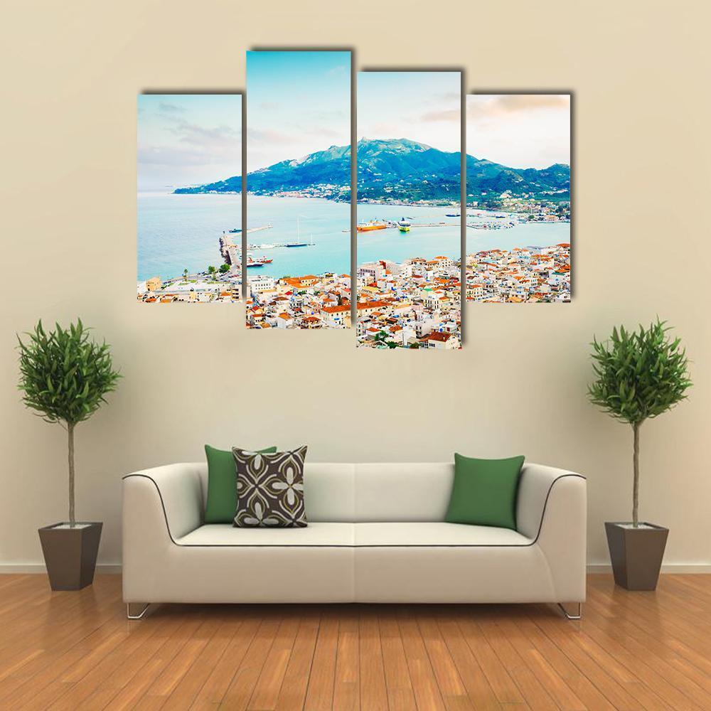 Zaante Town And Ionian Sea Harbour Canvas Wall Art-4 Pop-Gallery Wrap-50" x 32"-Tiaracle