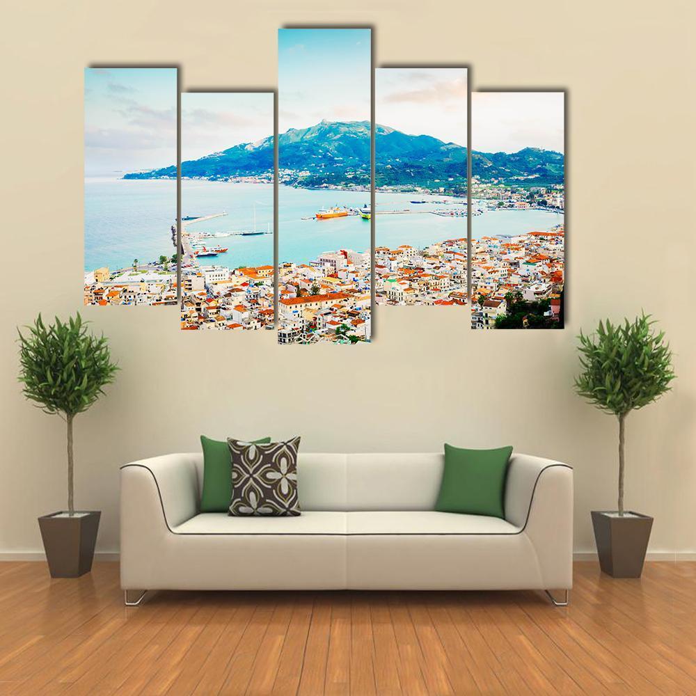 Zaante Town And Ionian Sea Harbour Canvas Wall Art-5 Pop-Gallery Wrap-47" x 32"-Tiaracle