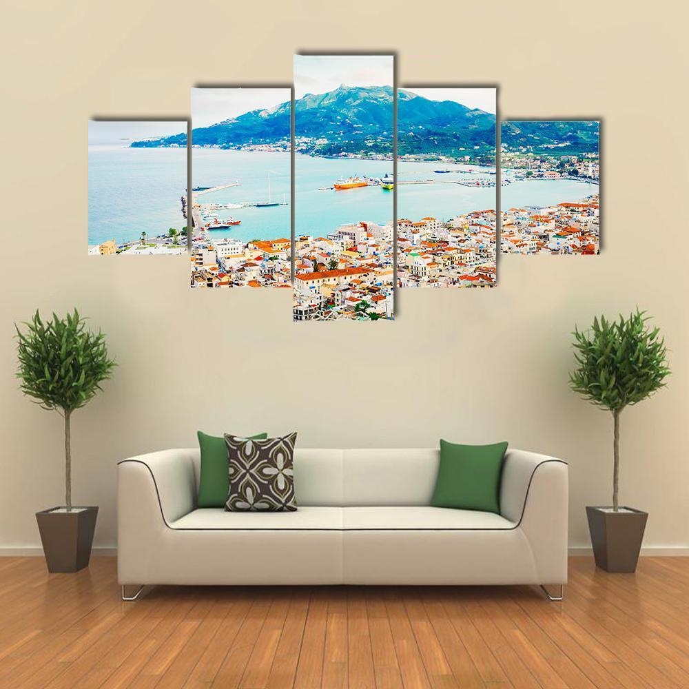 Zaante Town And Ionian Sea Harbour Canvas Wall Art-5 Star-Gallery Wrap-62" x 32"-Tiaracle
