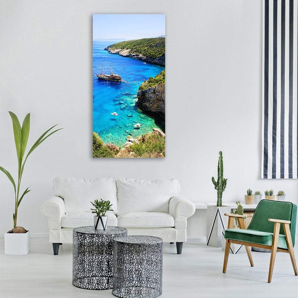 Zakynthos Island Seascape Vertical Canvas Wall Art in green and blue, single vertical panel hung on a wall