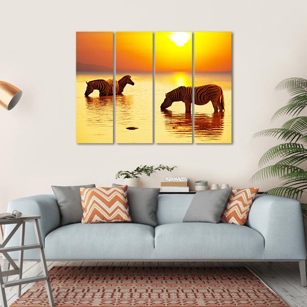 Zebras On Lake Canvas Wall Art-4 Horizontal-Gallery Wrap-34" x 24"-Tiaracle
