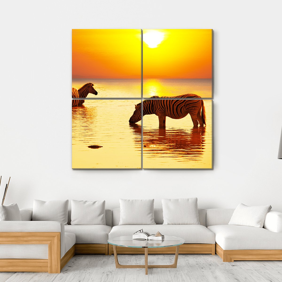 Zebras On Lake Canvas Wall Art-4 Square-Gallery Wrap-17" x 17"-Tiaracle