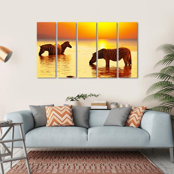 Zebras On Lake Canvas Wall Art-5 Horizontal-Gallery Wrap-22" x 12"-Tiaracle