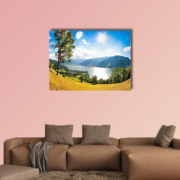 Zeller Lake, Salzburg Austria Canvas Wall Art in yellow, green and blue, single panel hung on a wall