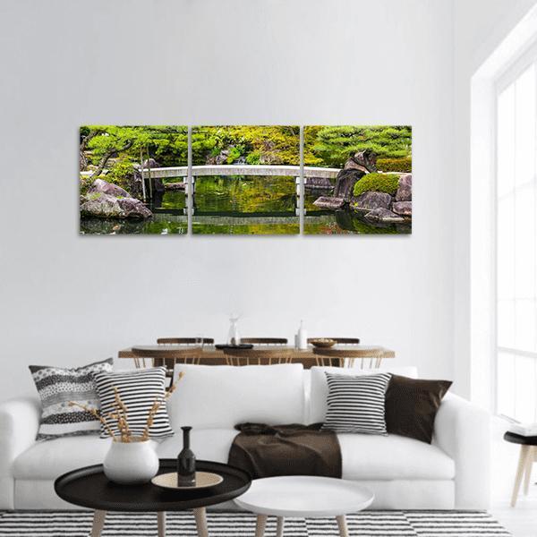 Zen Garden in Japan Panoramic Canvas Wall Art in gray, yellow and green, hung on a wall