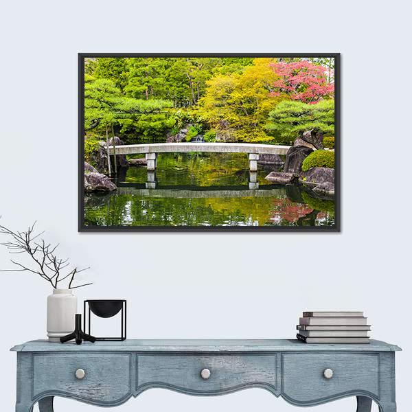 Zen Garden Pond With Bridge Canvas Wall Art-1 Piece-Floating Frame-24" x 16"-Tiaracle