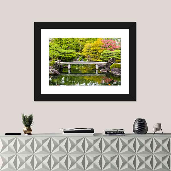 Zen Garden Pond With Bridge Canvas Wall Art-1 Piece-Framed Print-20" x 16"-Tiaracle