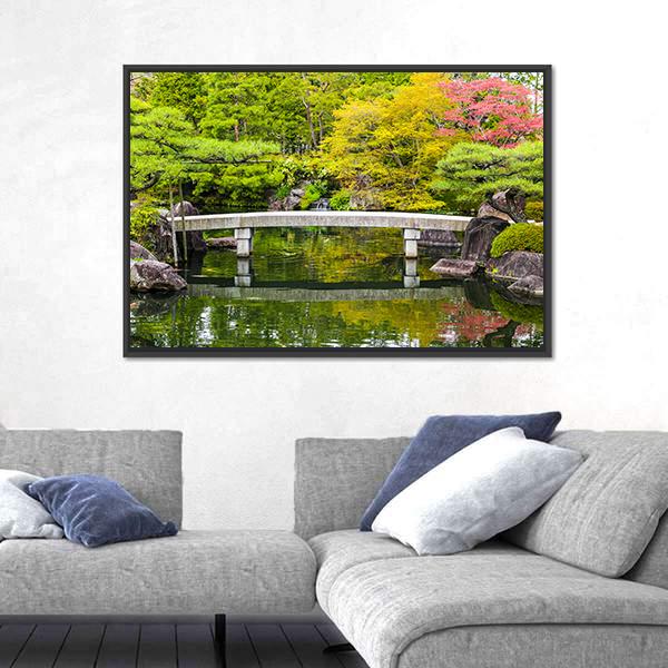 Zen Garden Pond With Bridge Canvas Wall Art-3 Horizontal-Gallery Wrap-25" x 16"-Tiaracle