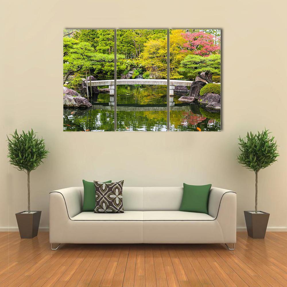 Zen Garden Pond With Bridge Canvas Wall Art-3 Horizontal-Gallery Wrap-37" x 24"-Tiaracle