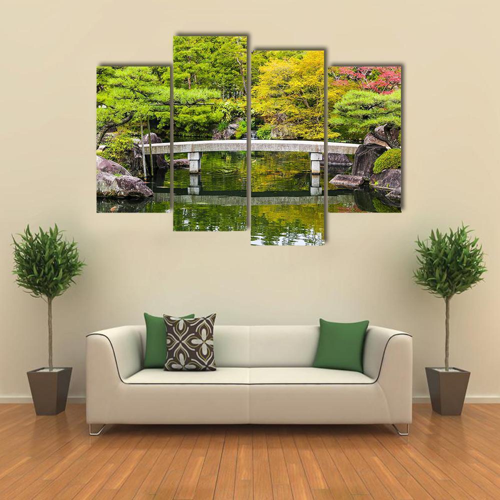 Zen Garden Pond With Bridge Canvas Wall Art-4 Pop-Gallery Wrap-50" x 32"-Tiaracle