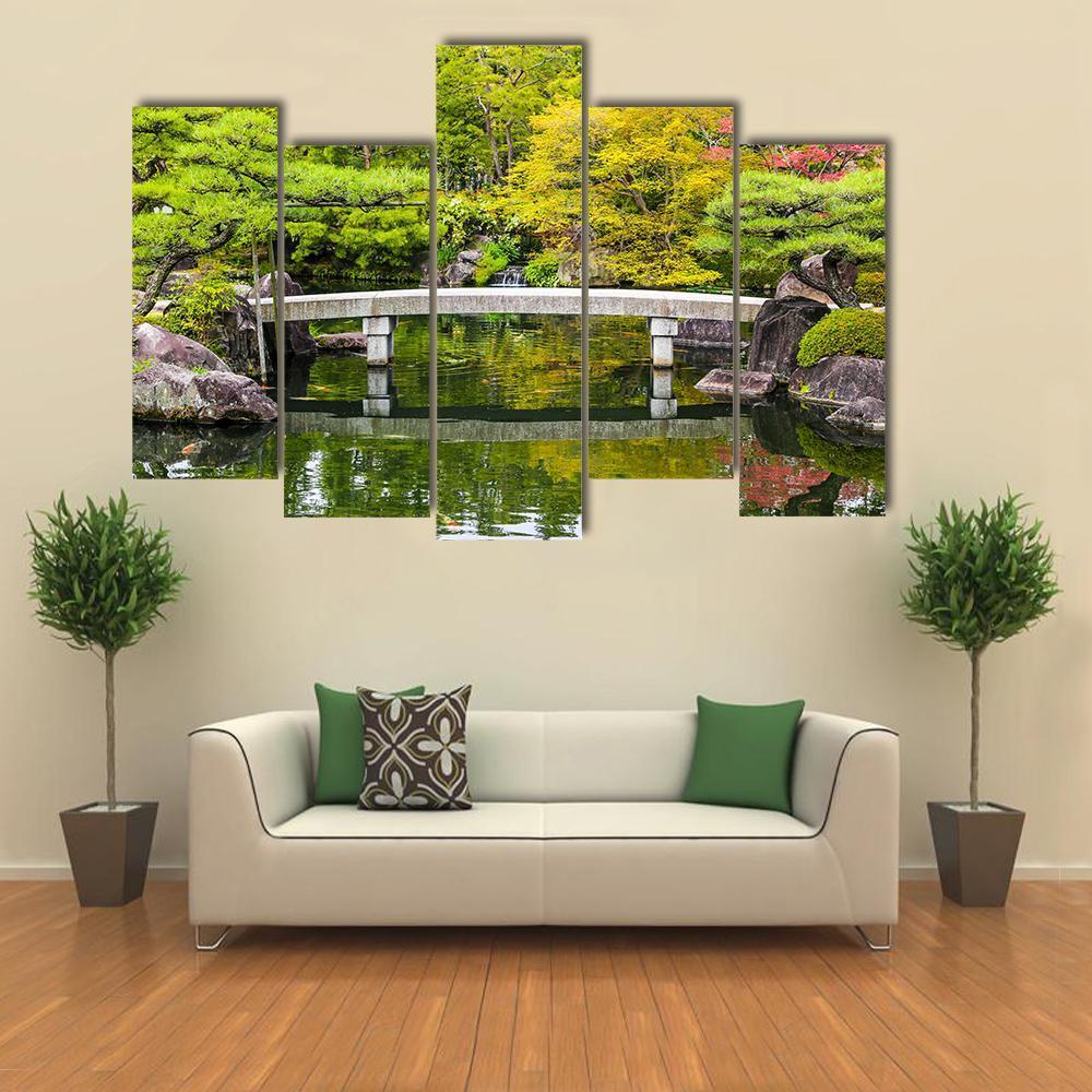 Zen Garden Pond With Bridge Canvas Wall Art-5 Pop-Gallery Wrap-47" x 32"-Tiaracle