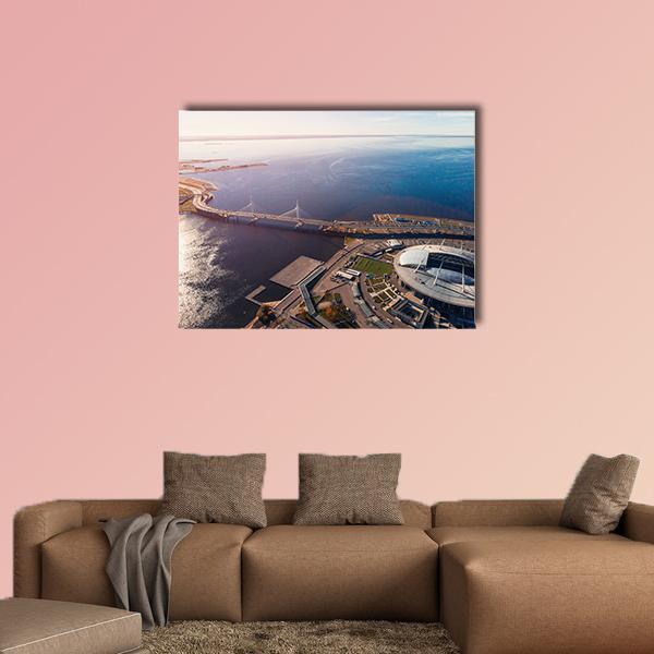 Aerial View of Zenit Arena, Russia Canvas Wall Art in gray, brown and blue, single panel hung on a wall