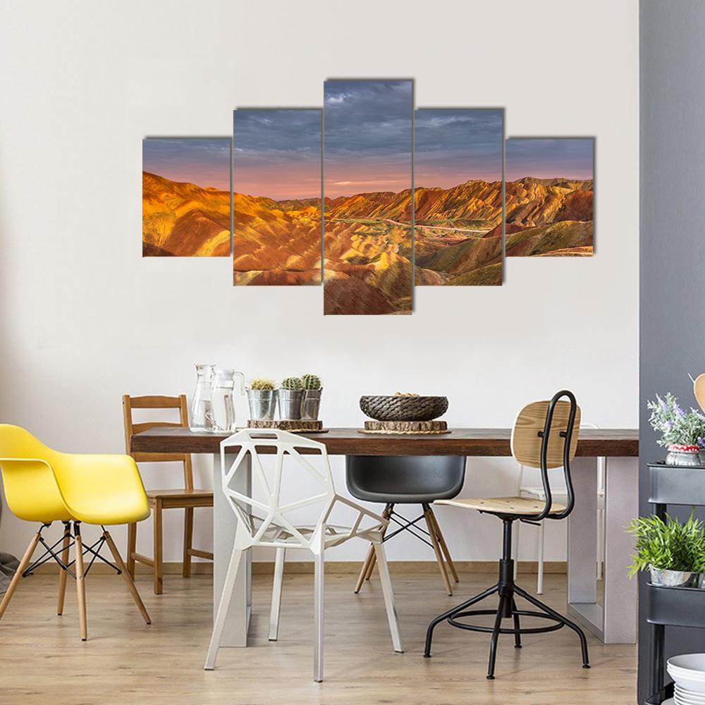 Zhangye China Rainbow Mountains Canvas Wall Art-5 Star-Gallery Wrap-62" x 32"-Tiaracle
