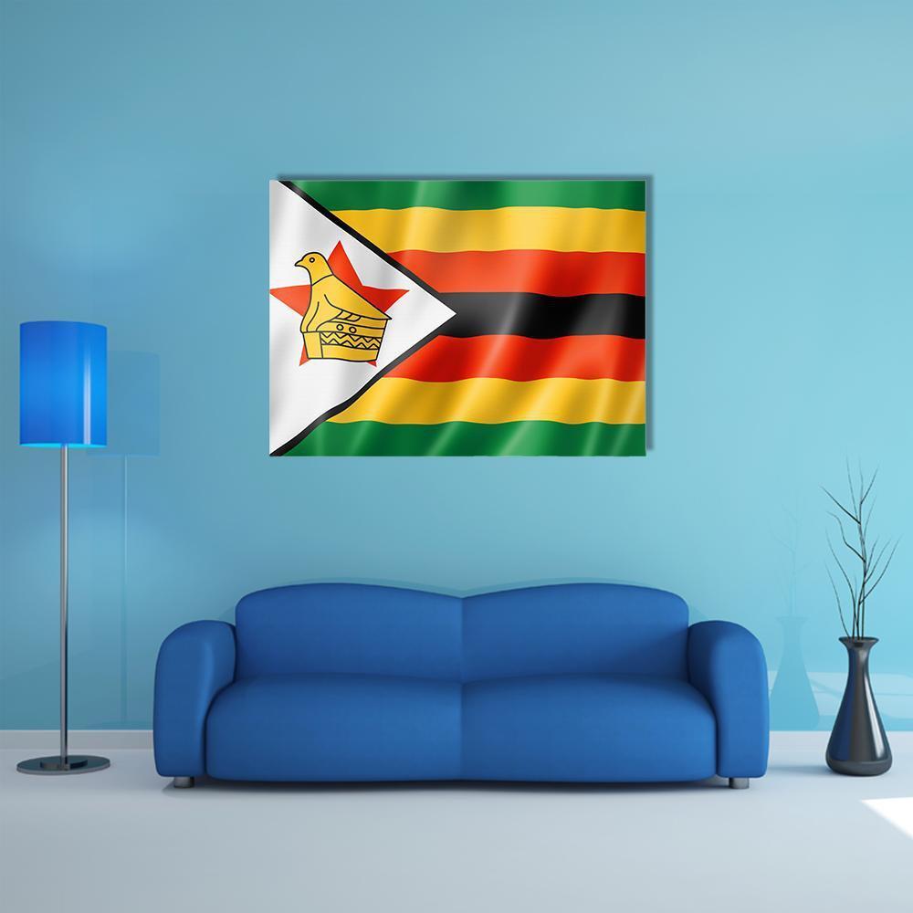 Zimbabwe Flag with Soapstone Bird Canvas Wall Art in red, yellow and green, single panel hung on a wall