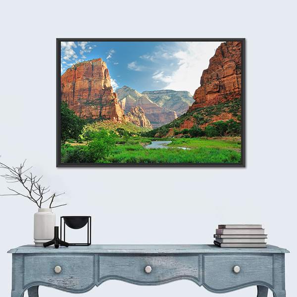 Zion Canyon With The Virgin River Canvas Wall Art-1 Piece-Floating Frame-24&quot; x 16&quot;-Tiaracle