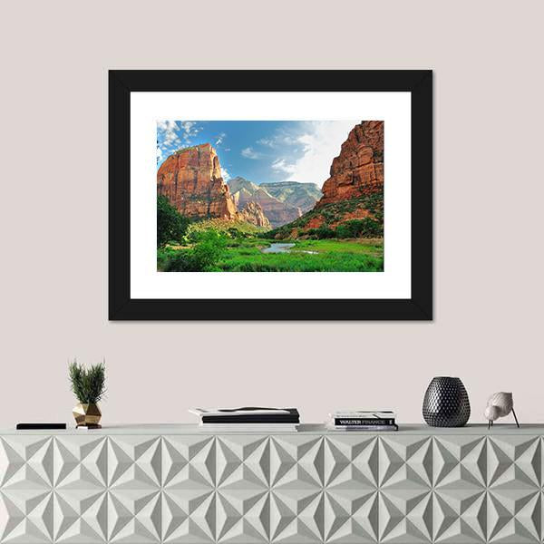 Zion Canyon With The Virgin River Canvas Wall Art-1 Piece-Framed Print-20&quot; x 16&quot;-Tiaracle