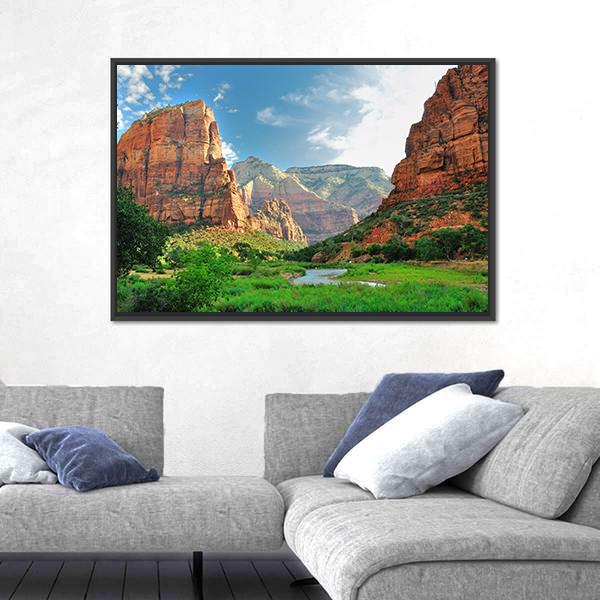 Zion Canyon With The Virgin River Canvas Wall Art-5 Horizontal-Gallery Wrap-22" x 12"-Tiaracle