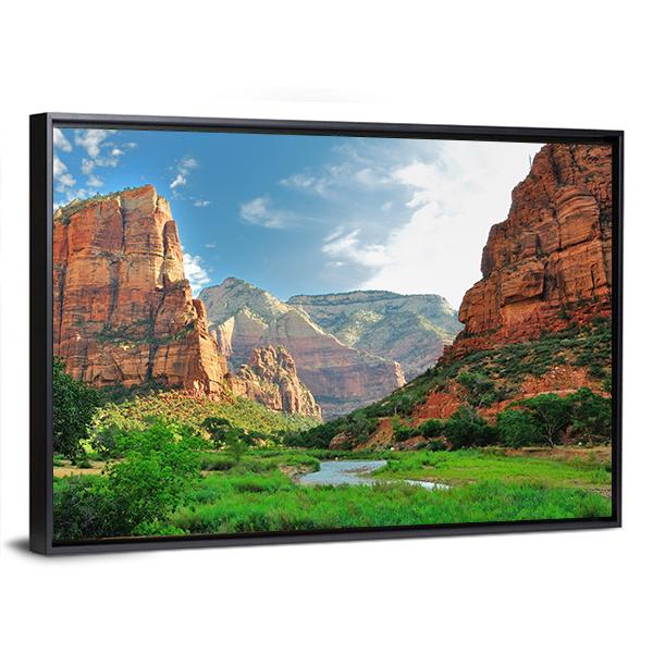 Zion Canyon With The Virgin River Canvas Wall Art-5 Horizontal-Gallery Wrap-22" x 12"-Tiaracle