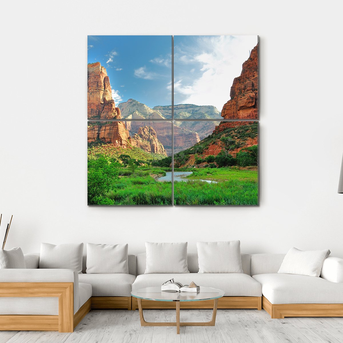 Zion Canyon With The Virgin River Canvas Wall Art-4 Square-Gallery Wrap-17" x 17"-Tiaracle