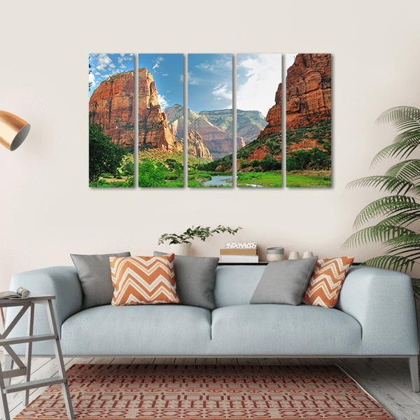 Zion Canyon With The Virgin River Canvas Wall Art-5 Horizontal-Gallery Wrap-22" x 12"-Tiaracle
