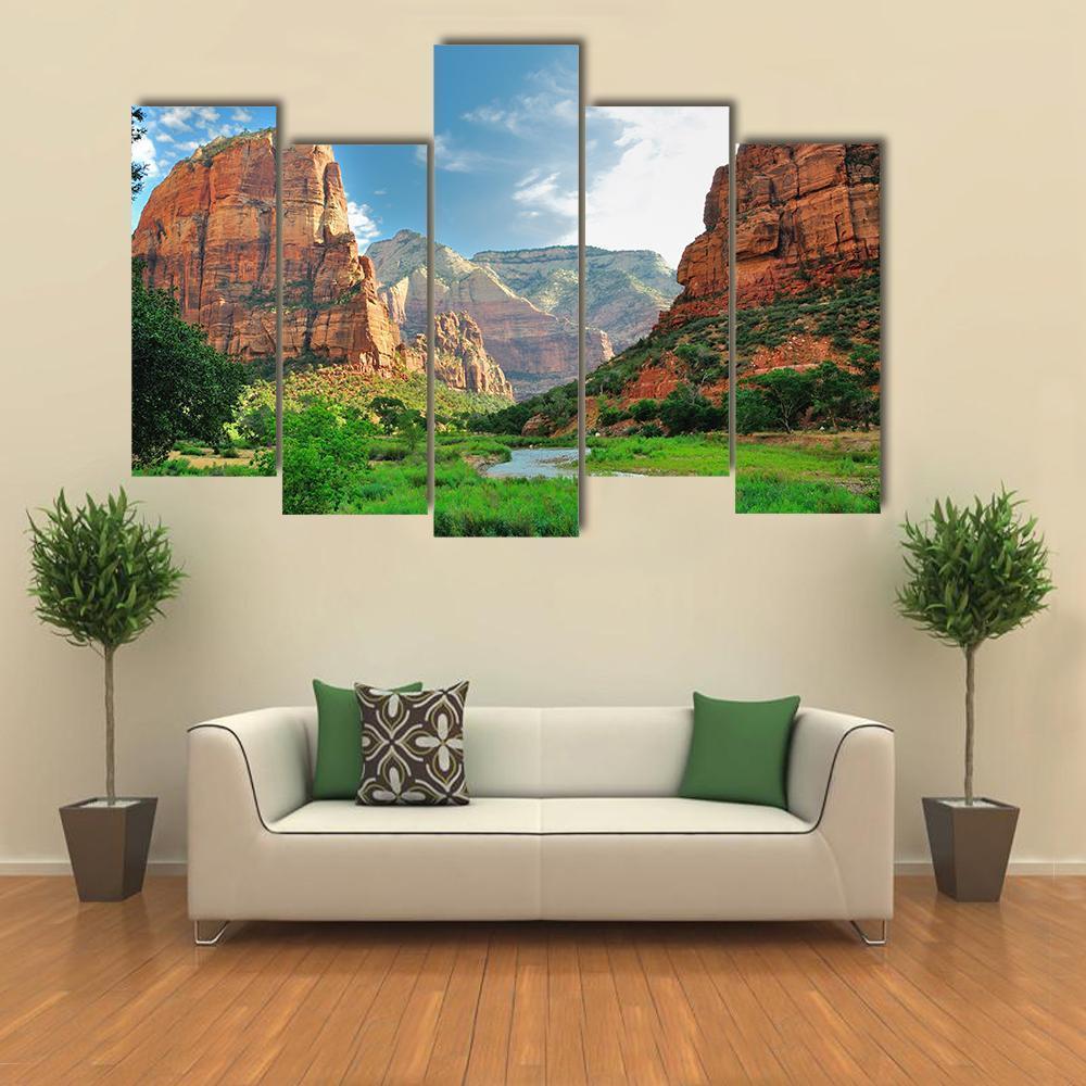 Zion Canyon With The Virgin River Canvas Wall Art-5 Pop-Gallery Wrap-47&quot; x 32&quot;-Tiaracle