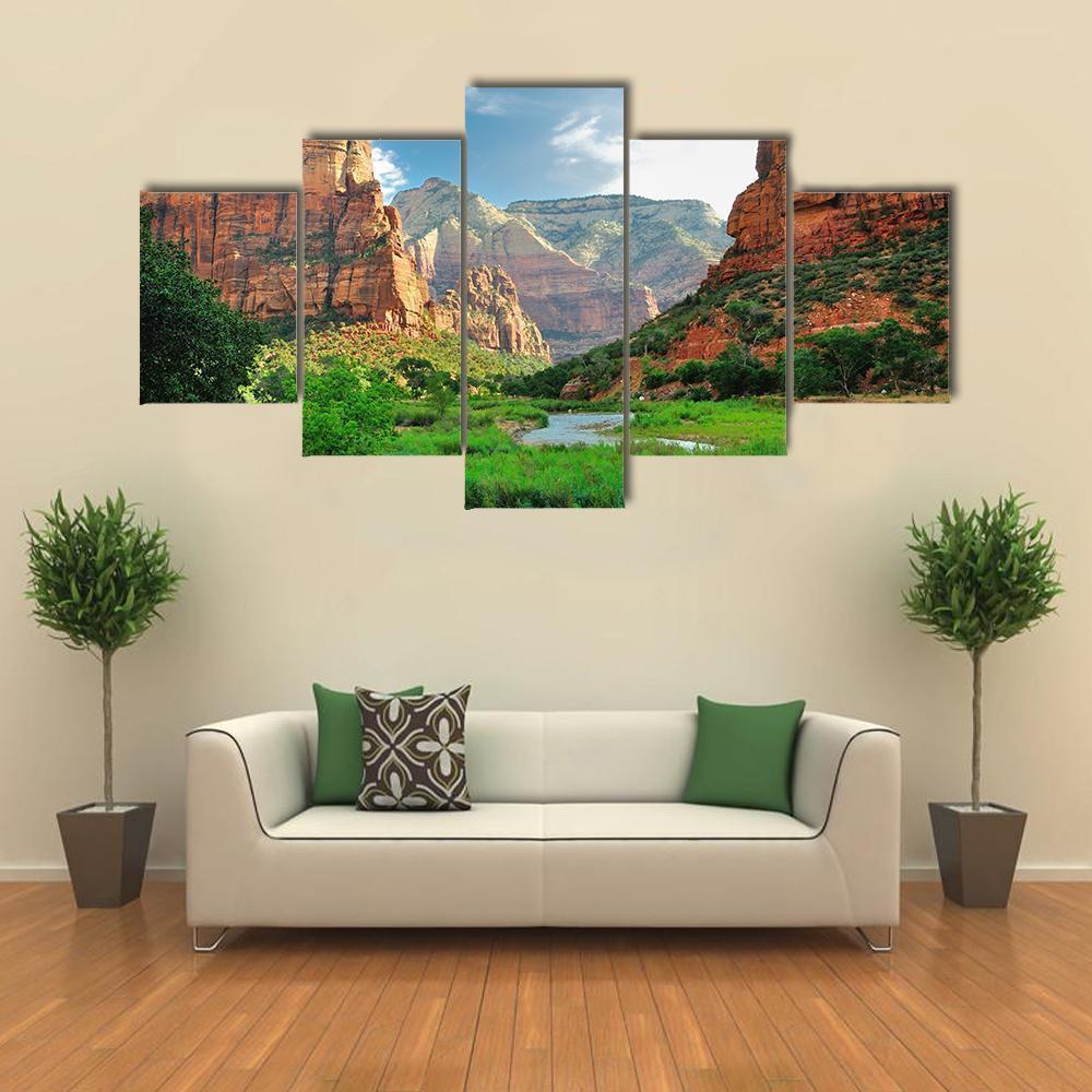 Zion Canyon With The Virgin River Canvas Wall Art-5 Star-Gallery Wrap-62&quot; x 32&quot;-Tiaracle
