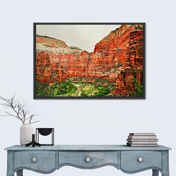 Zion National Park Canyon River Landscape Canvas Wall Art in red, orange and green, framed canvas, product view on a white background