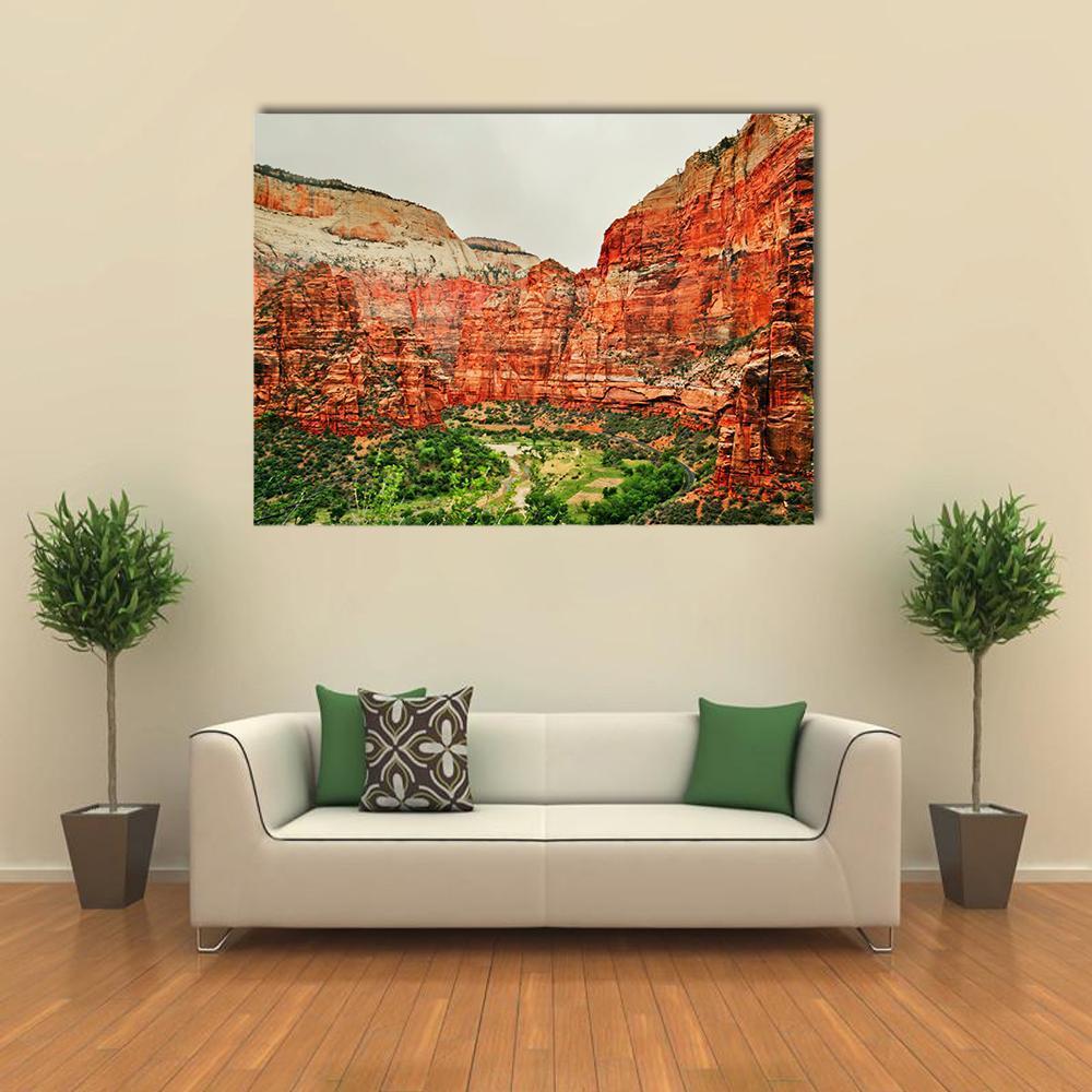 Zion National Park Canyon River Landscape Canvas Wall Art in red, orange and green, single panel hung on a wall
