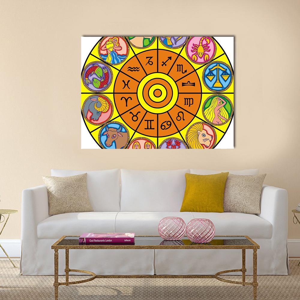 Zodiac Clock with Sun Motif Canvas Wall Art in orange, yellow and multicolor, single panel hung on a wall